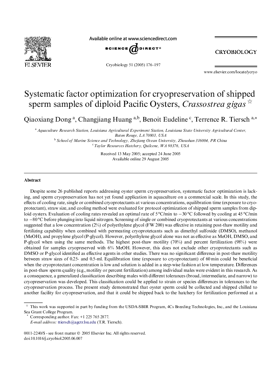 Systematic factor optimization for cryopreservation of shipped sperm samples of diploid Pacific Oysters, Crassostrea gigas