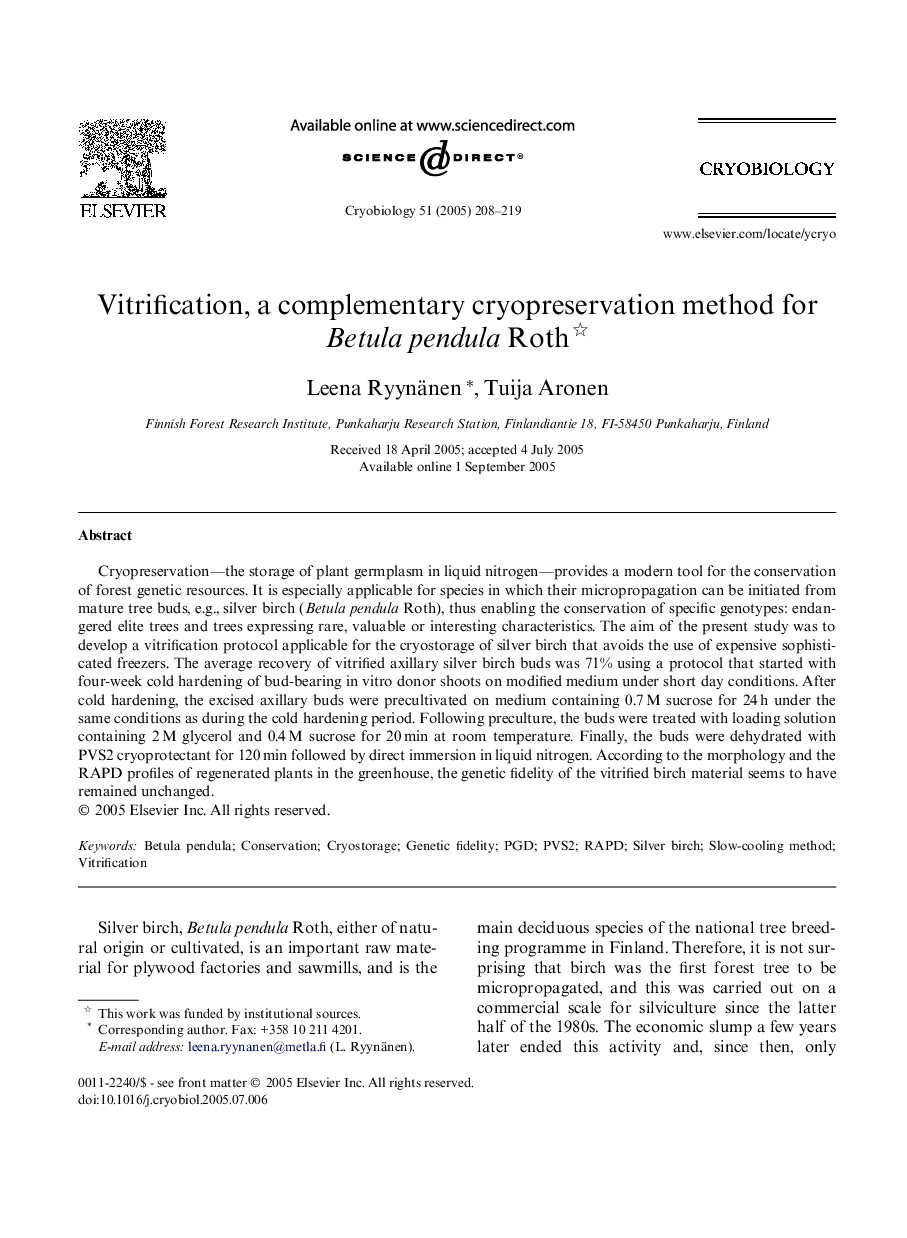 Vitrification, a complementary cryopreservation method for Betula pendula Roth