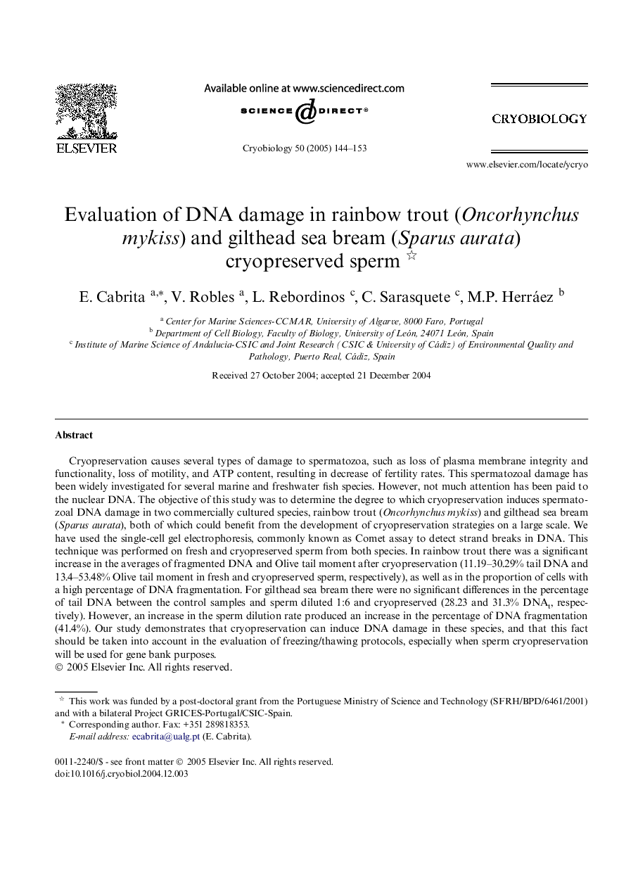 Evaluation of DNA damage in rainbow trout (Oncorhynchus mykiss) and gilthead sea bream (Sparus aurata) cryopreserved sperm