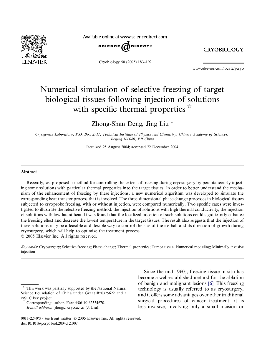 Numerical simulation of selective freezing of target biological tissues following injection of solutions with specific thermal properties