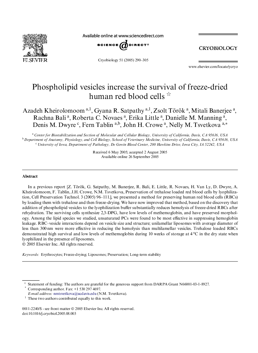 Phospholipid vesicles increase the survival of freeze-dried human red blood cells