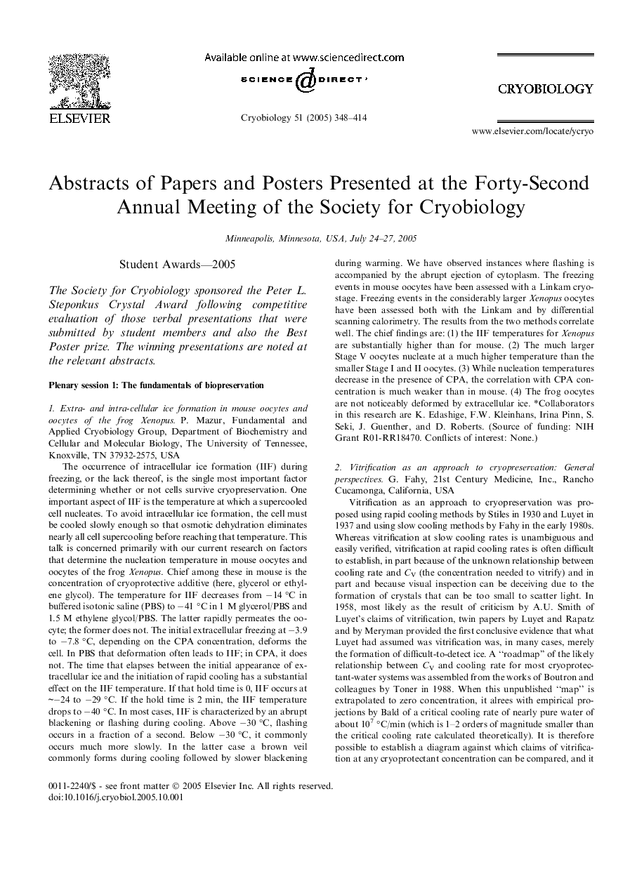 Abstracts of Papers and Posters Presented at the Forty-Second Annual Meeting of the Society for Cryobiology