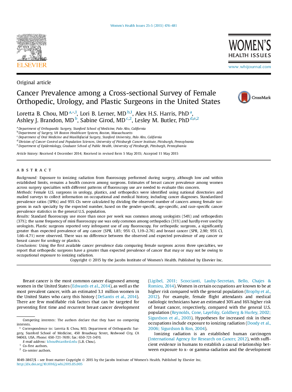 Cancer Prevalence among a Cross-sectional Survey of Female Orthopedic, Urology, and Plastic Surgeons in the United States 