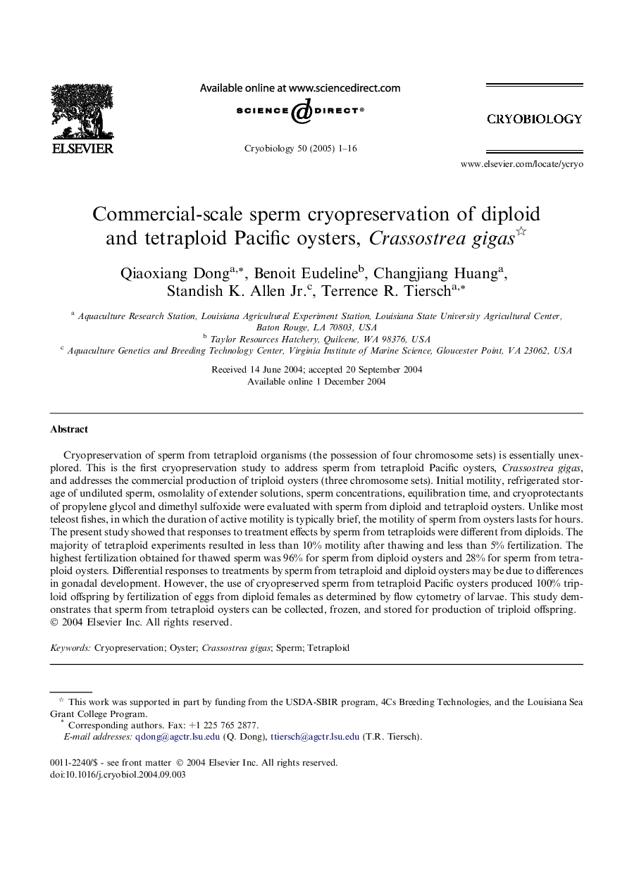 Commercial-scale sperm cryopreservation of diploid and tetraploid Pacific oysters, Crassostrea gigas