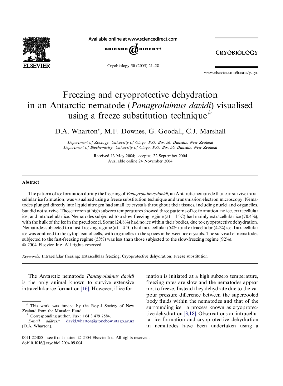 Freezing and cryoprotective dehydration in an Antarctic nematode (Panagrolaimus davidi) visualised using a freeze substitution technique