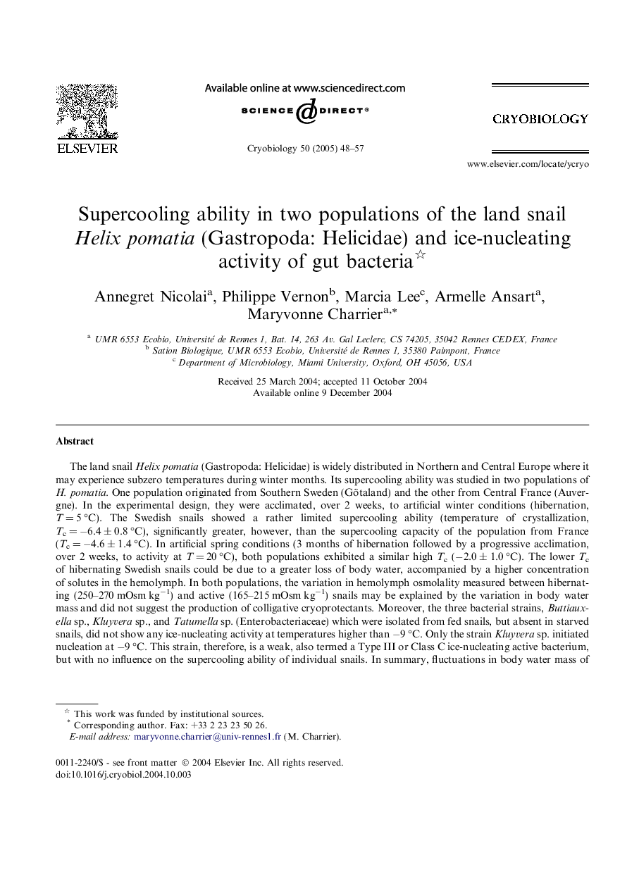 Supercooling ability in two populations of the land snail Helix pomatia (Gastropoda: Helicidae) and ice-nucleating activity of gut bacteria