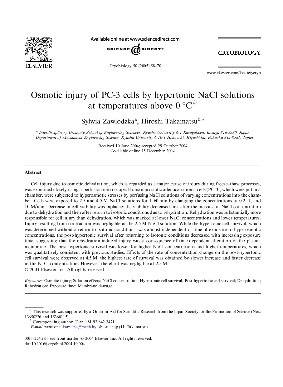 Osmotic injury of PC-3 cells by hypertonic NaCl solutions at temperatures above 0Â Â°C