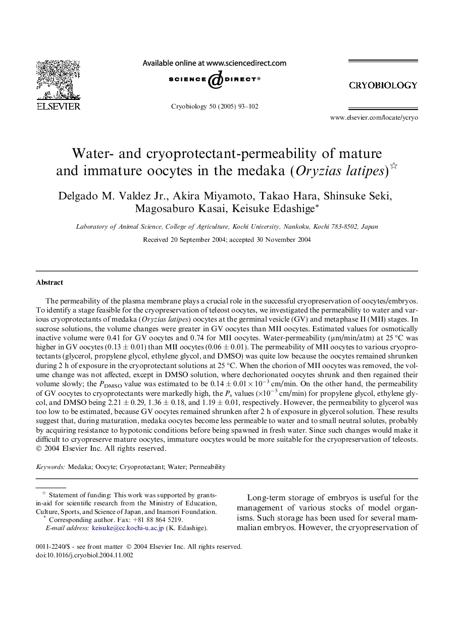 Water- and cryoprotectant-permeability of mature and immature oocytes in the medaka (Oryzias latipes)