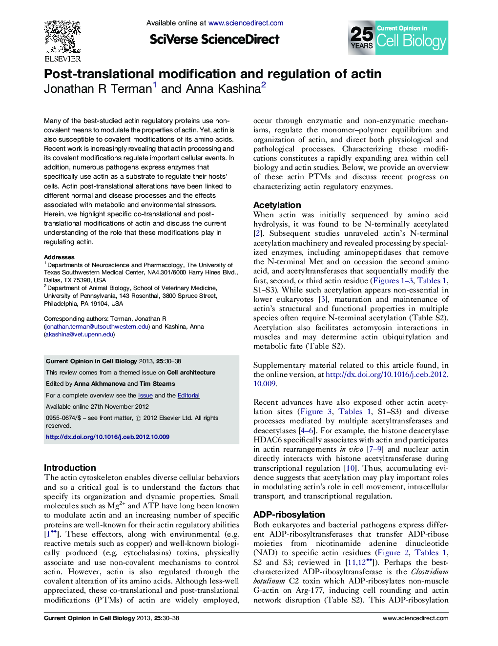 Post-translational modification and regulation of actin