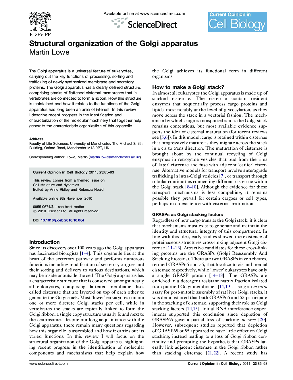 Structural organization of the Golgi apparatus