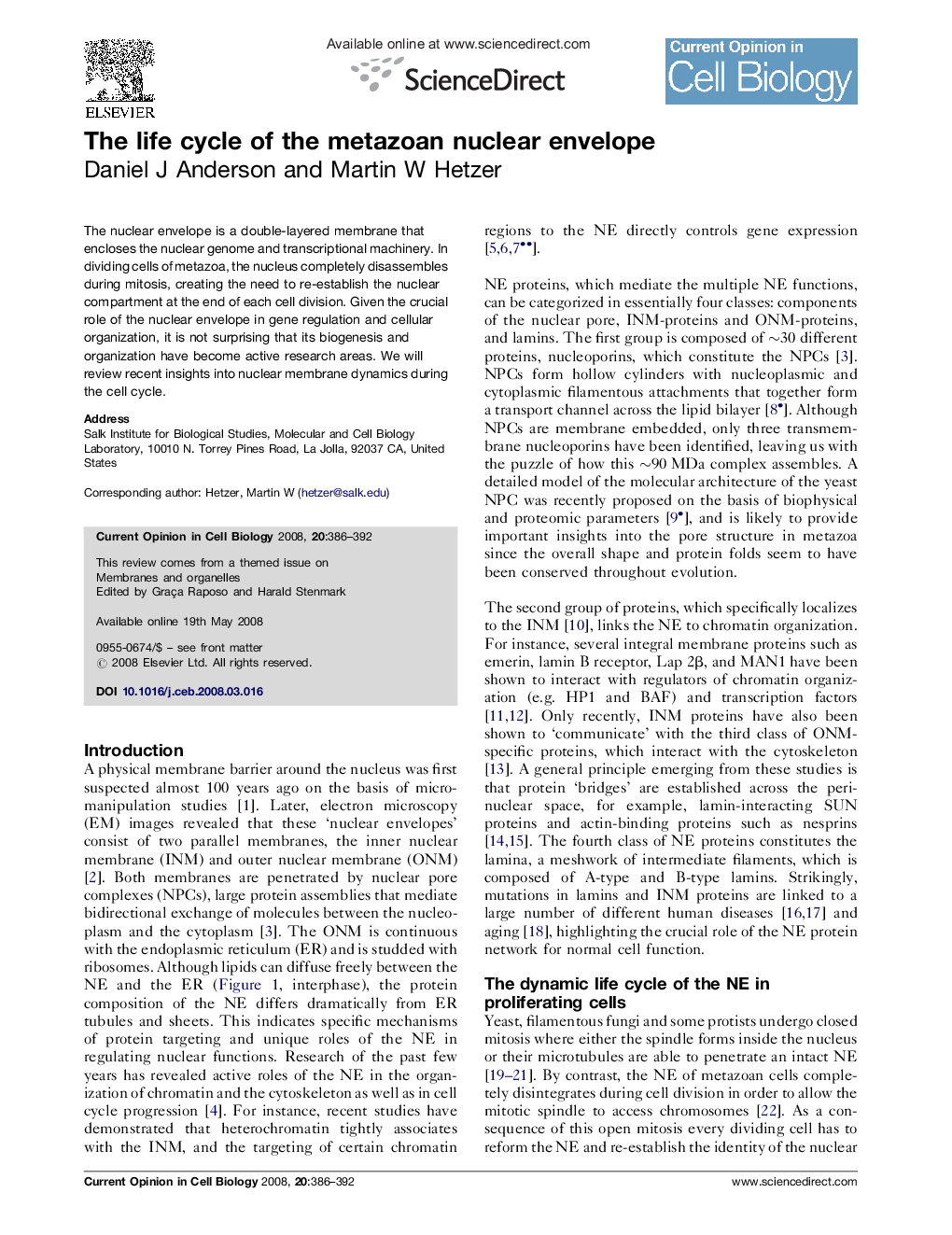 The life cycle of the metazoan nuclear envelope