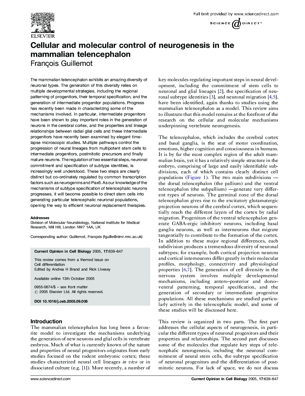 Cellular and molecular control of neurogenesis in the mammalian telencephalon