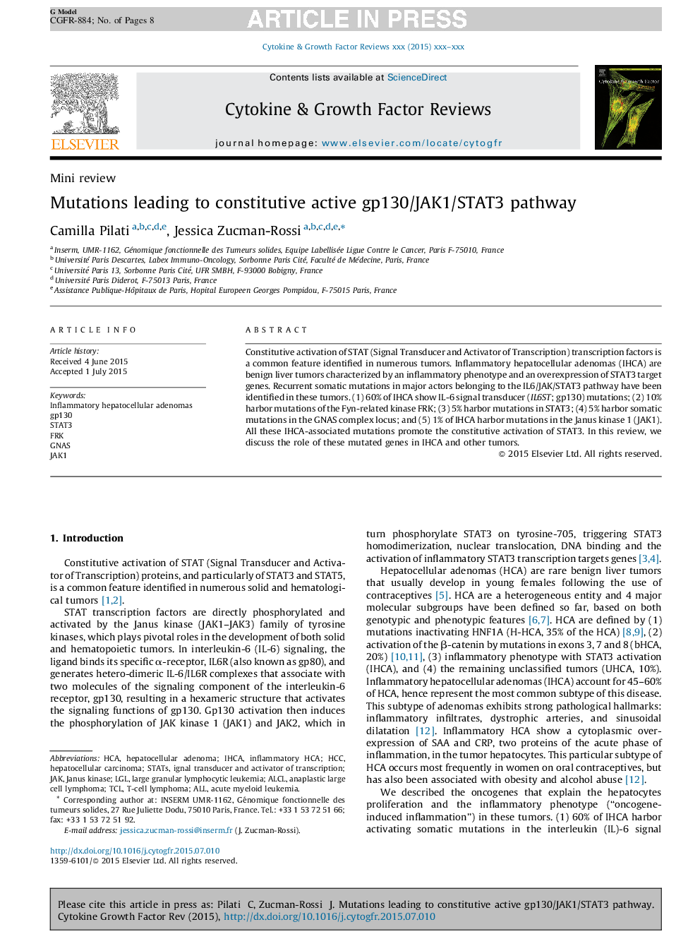 Mutations leading to constitutive active gp130/JAK1/STAT3 pathway