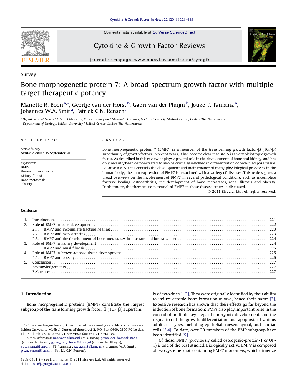 Bone morphogenetic protein 7: A broad-spectrum growth factor with multiple target therapeutic potency