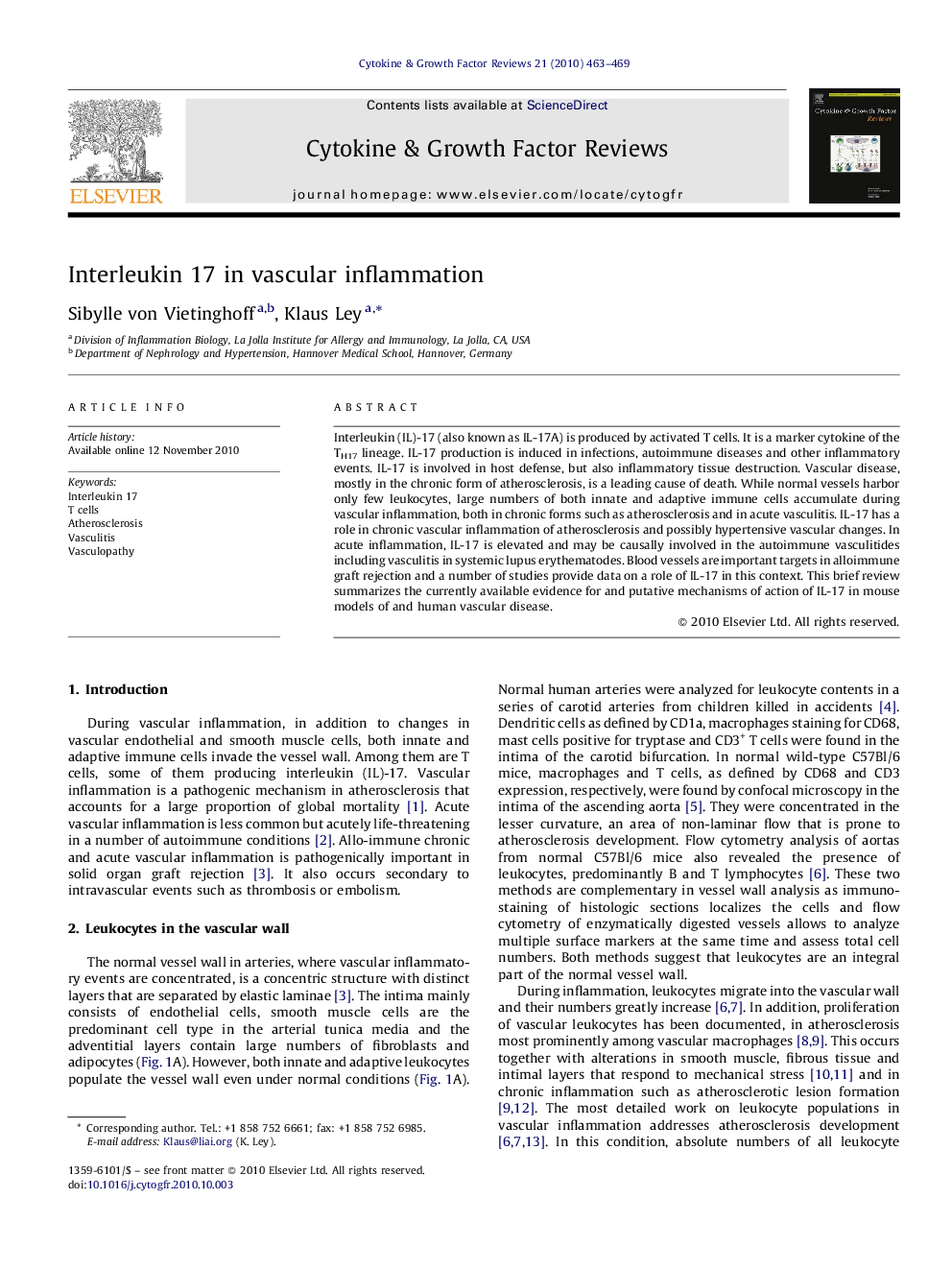 Interleukin 17 in vascular inflammation