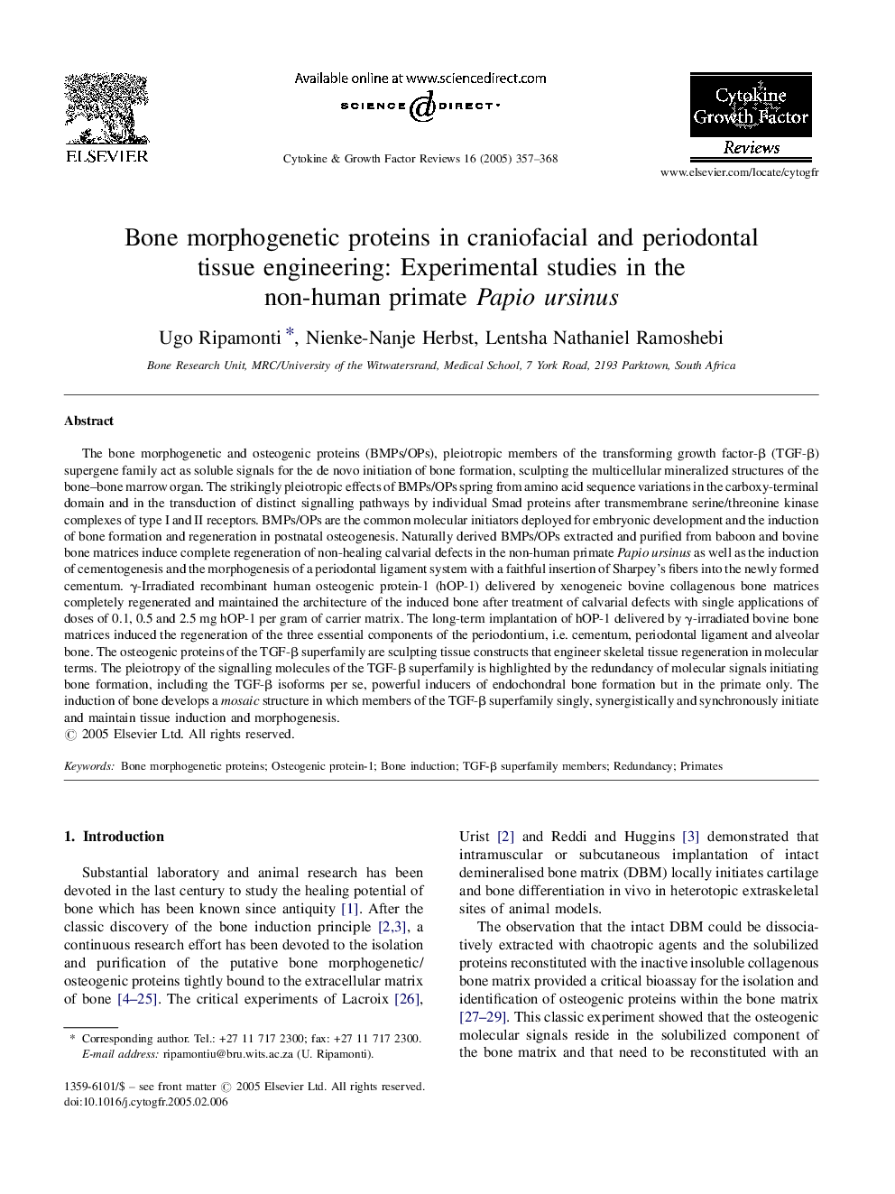Bone morphogenetic proteins in craniofacial and periodontal tissue engineering: Experimental studies in the non-human primate Papio ursinus