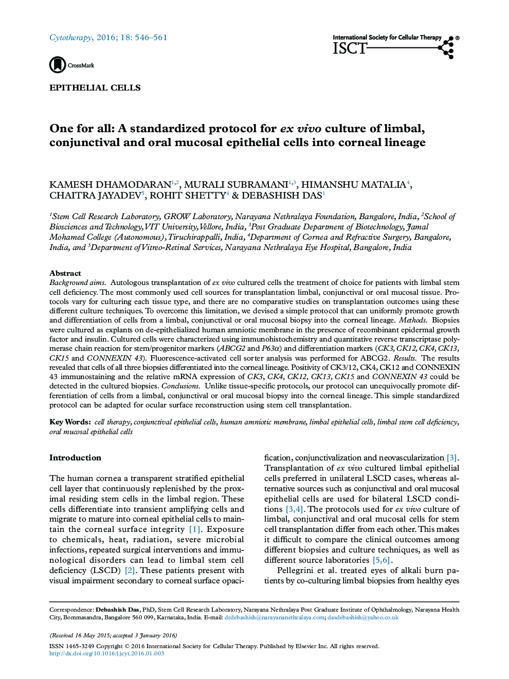 One for all: A standardized protocol for ex vivo culture of limbal, conjunctival and oral mucosal epithelial cells into corneal lineage