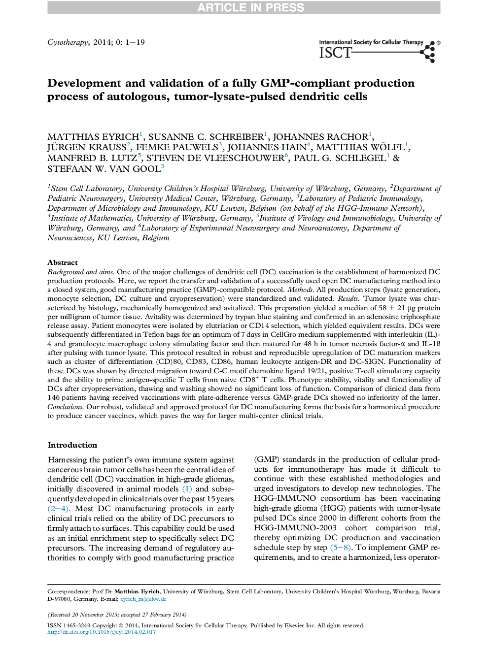 Development and validation of a fully GMP-compliant production process of autologous, tumor-lysate-pulsed dendritic cells