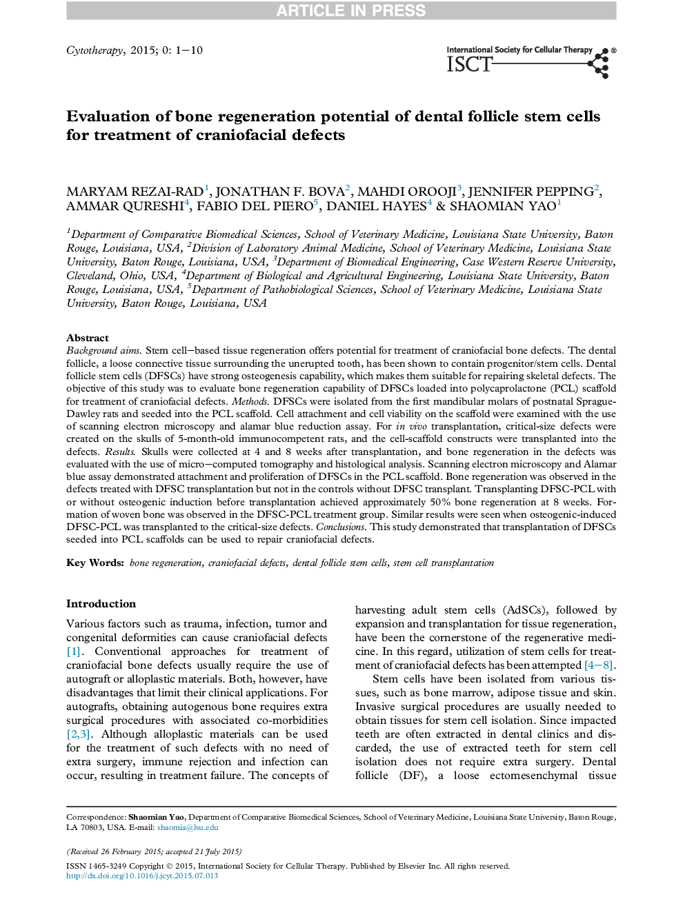 Evaluation of bone regeneration potential of dental follicle stem cells forÂ treatment of craniofacial defects