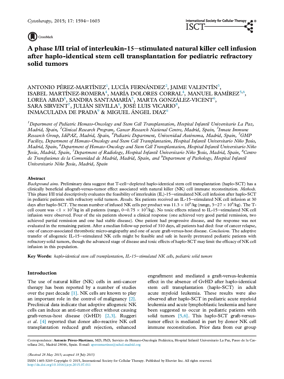 A phase I/II trial of interleukin-15-stimulated natural killer cell infusion after haplo-identical stem cell transplantation for pediatric refractory solid tumors