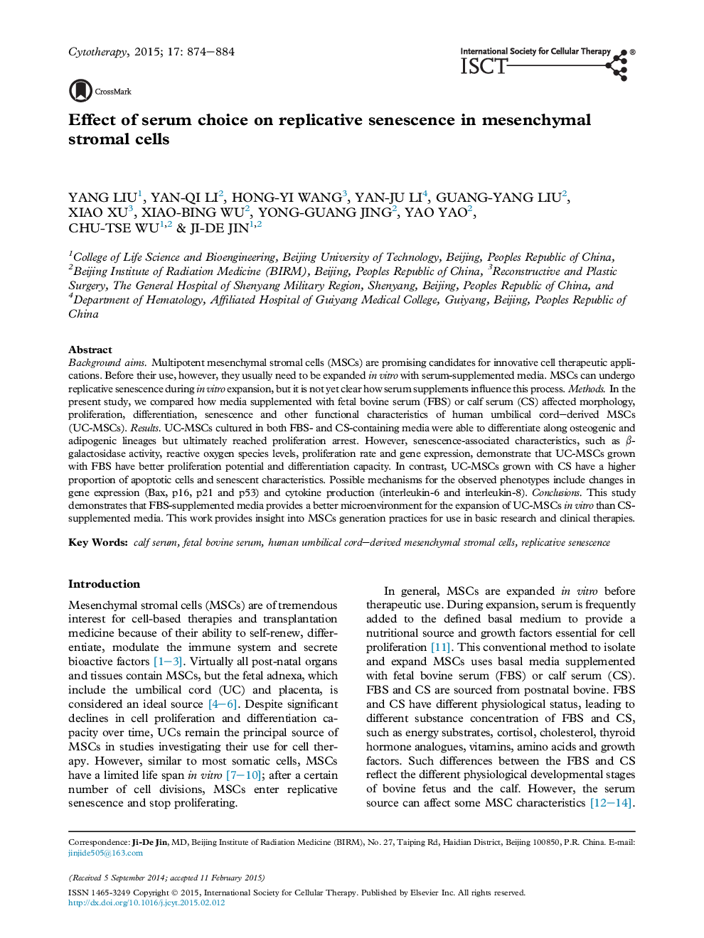 Effect of serum choice on replicative senescence in mesenchymal stromal cells