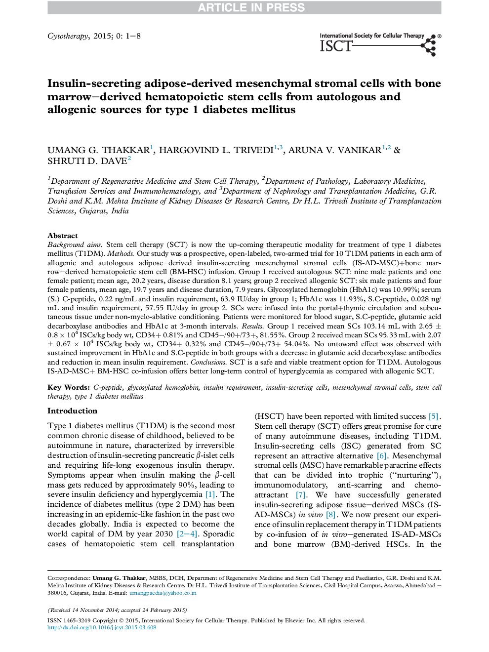 Insulin-secreting adipose-derived mesenchymal stromal cells with bone marrow-derived hematopoietic stem cells from autologous and allogenic sources for type 1 diabetes mellitus