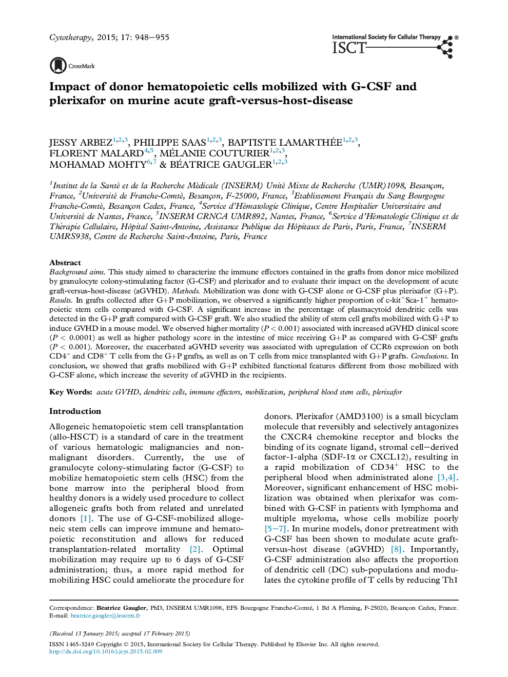 Impact of donor hematopoietic cells mobilized with G-CSF and plerixafor on murine acute graft-versus-host-disease