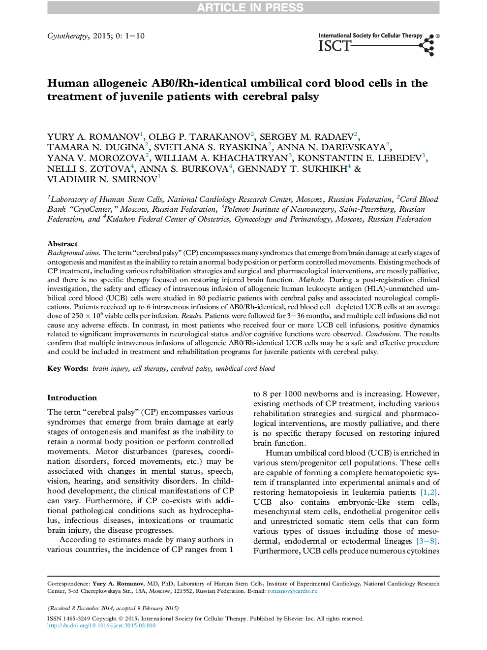 Human allogeneic AB0/Rh-identical umbilical cord blood cells in the treatment of juvenile patients with cerebral palsy