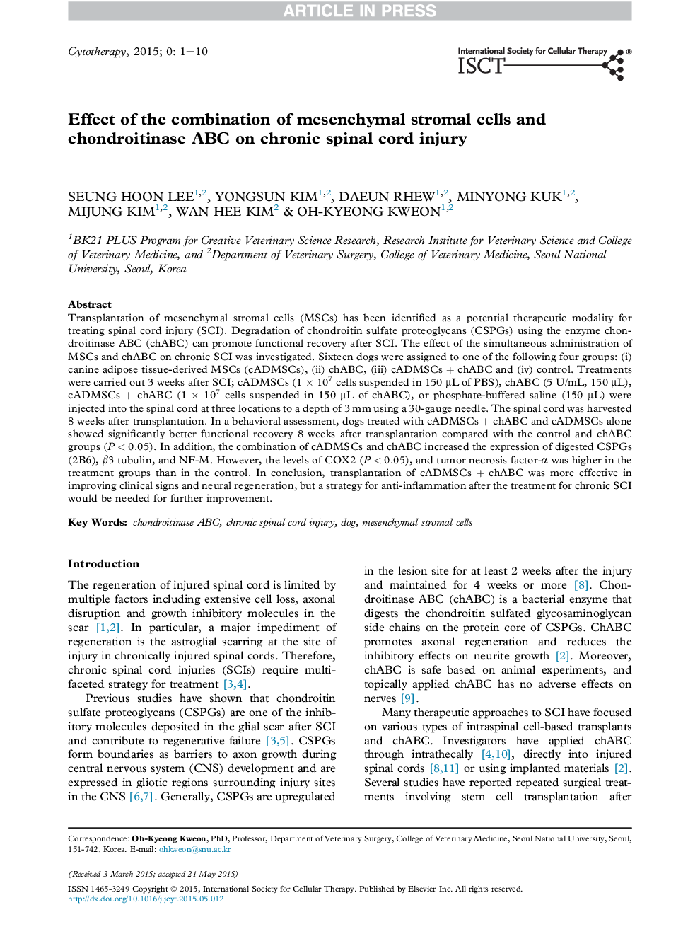 Effect of the combination of mesenchymal stromal cells and chondroitinase ABC on chronic spinal cord injury