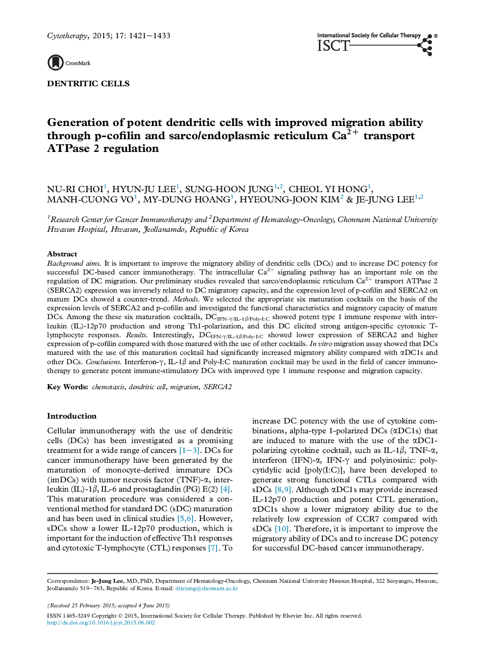 Generation of potent dendritic cells with improved migration ability through p-cofilin and sarco/endoplasmic reticulum Ca2+ transport ATPase 2 regulation