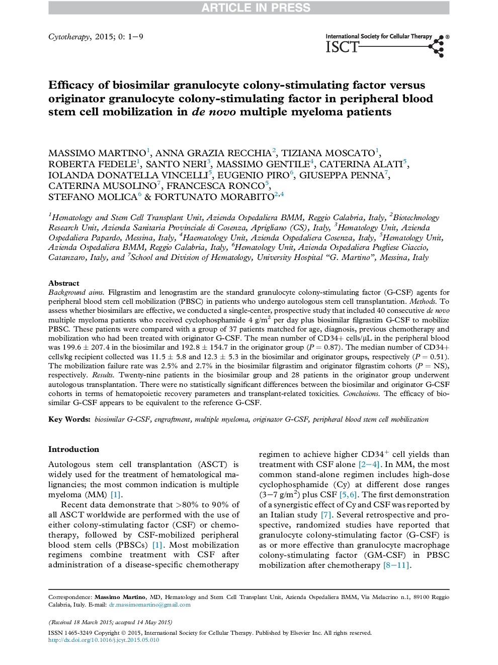 Efficacy of biosimilar granulocyte colony-stimulating factor versus originator granulocyte colony-stimulating factor in peripheral blood stem cell mobilization in de novo multiple myeloma patients