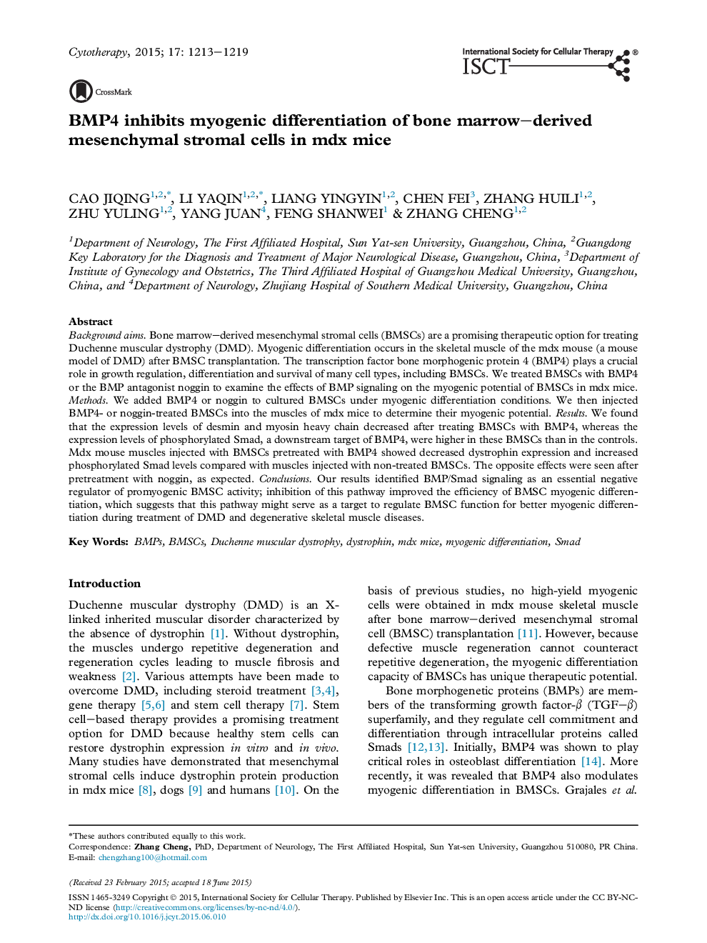 BMP4 inhibits myogenic differentiation of bone marrow-derived mesenchymal stromal cells in mdx mice