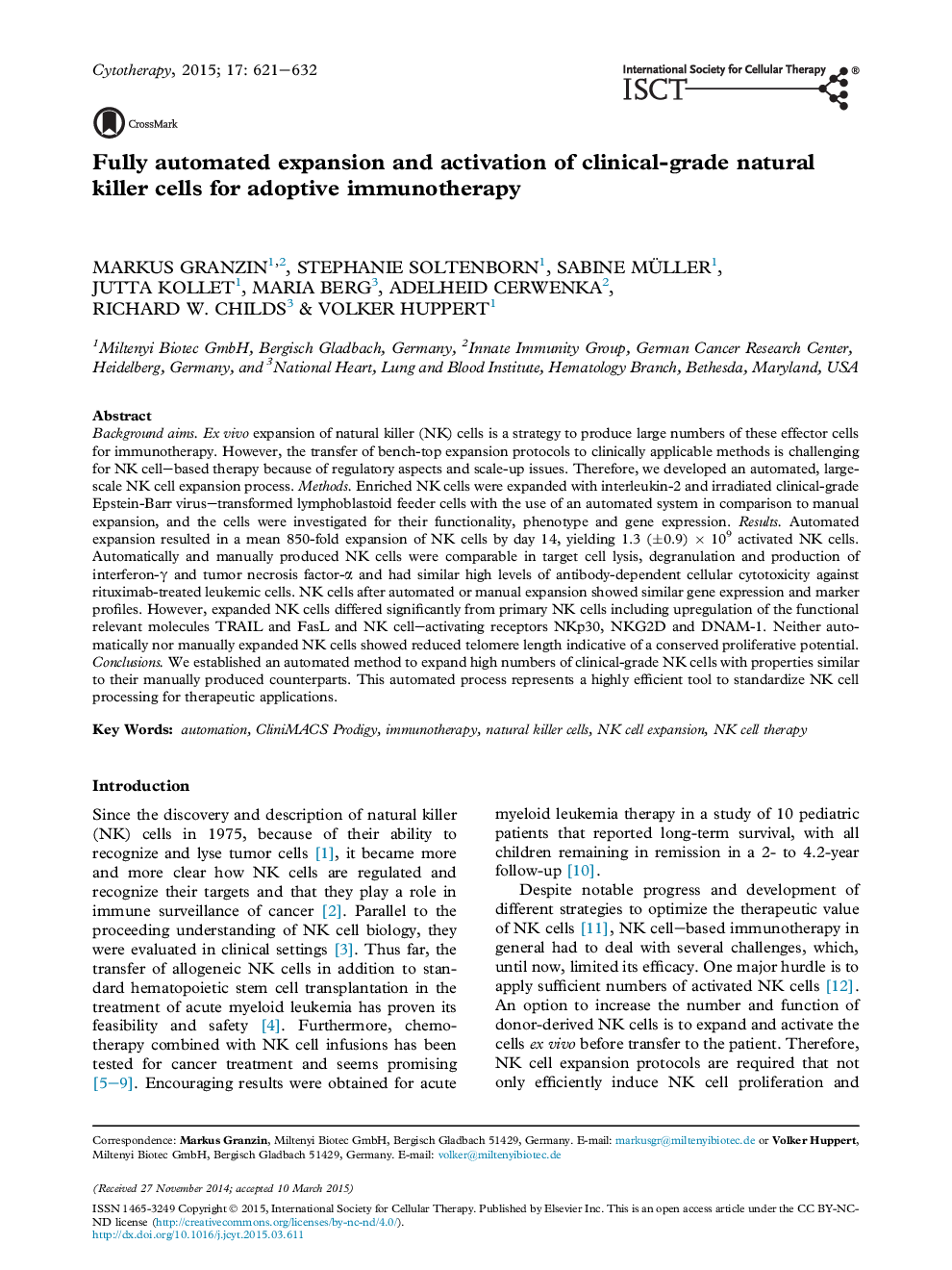 Fully automated expansion and activation of clinical-grade natural killer cells for adoptive immunotherapy