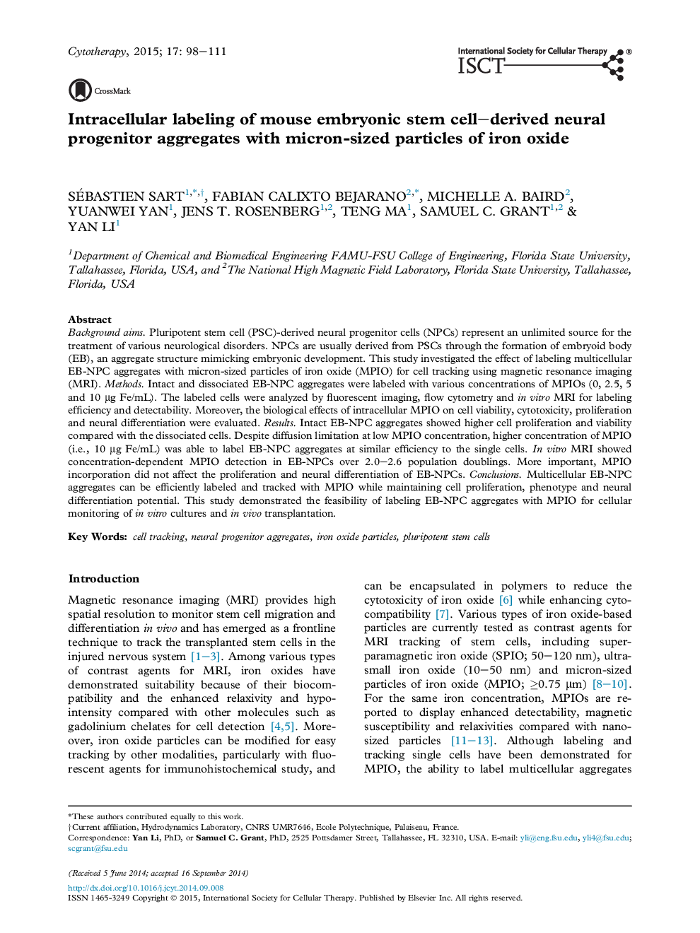 Intracellular labeling of mouse embryonic stem cell-derived neural progenitor aggregates with micron-sized particles of iron oxide