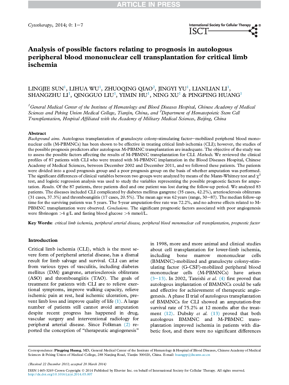 بررسی عوامل احتمالی مربوط به پیش آگهی پیوند سلول تک هسته ای خون محیطی اتولوگ در بیماران مبتلا به ایسکمی انتقادی اندام 