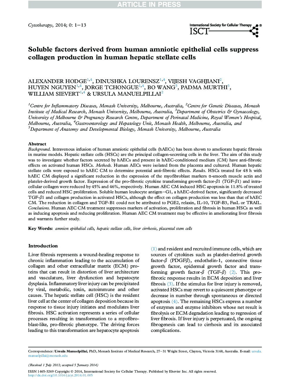 Soluble factors derived from human amniotic epithelial cells suppress collagen production in human hepatic stellate cells