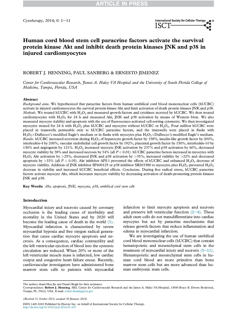 Human cord blood stem cell paracrine factors activate the survival protein kinase Akt and inhibit death protein kinases JNK and p38 in injured cardiomyocytes