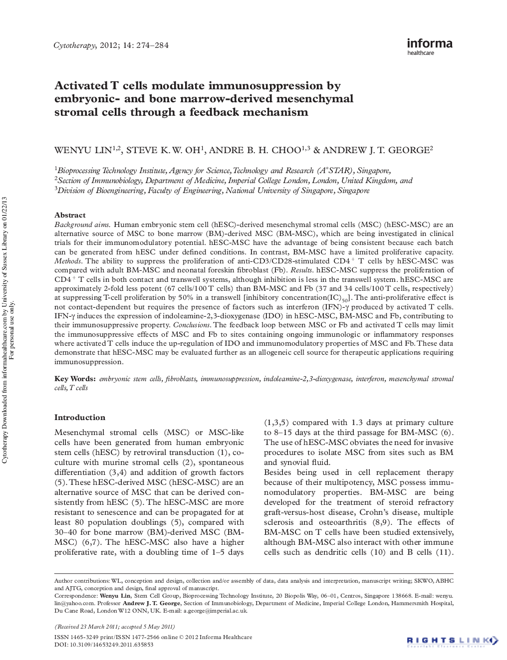 Activated T cells modulate immunosuppression by embryonic-and bone marrow-derived mesenchymal stromal cells through a feedback mechanism