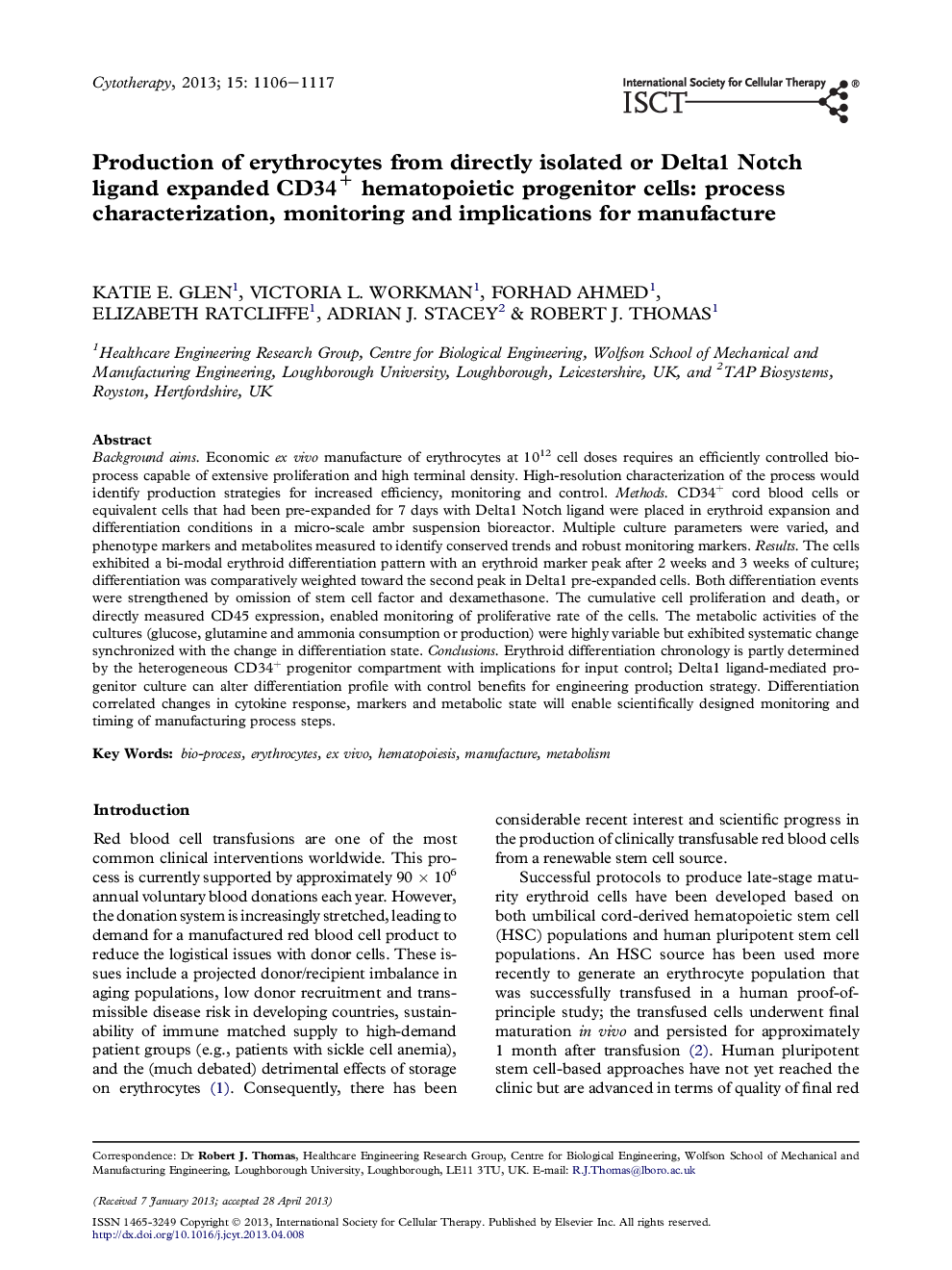 Production of erythrocytes from directly isolated or Delta1 Notch ligand expanded CD34+ hematopoietic progenitor cells: process characterization, monitoring and implications for manufacture