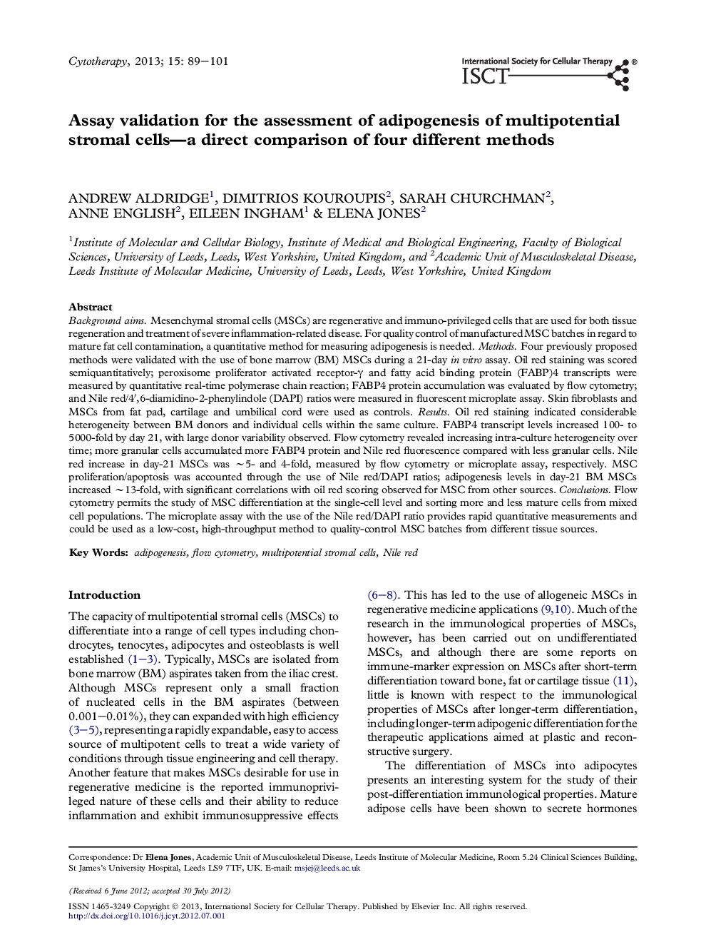 بررسی اعتبار سنجی برای ارزیابی آلودگی زایی سلول های استروما چند پتانسیلی - مقایسه مستقیم چهار روش مختلف 