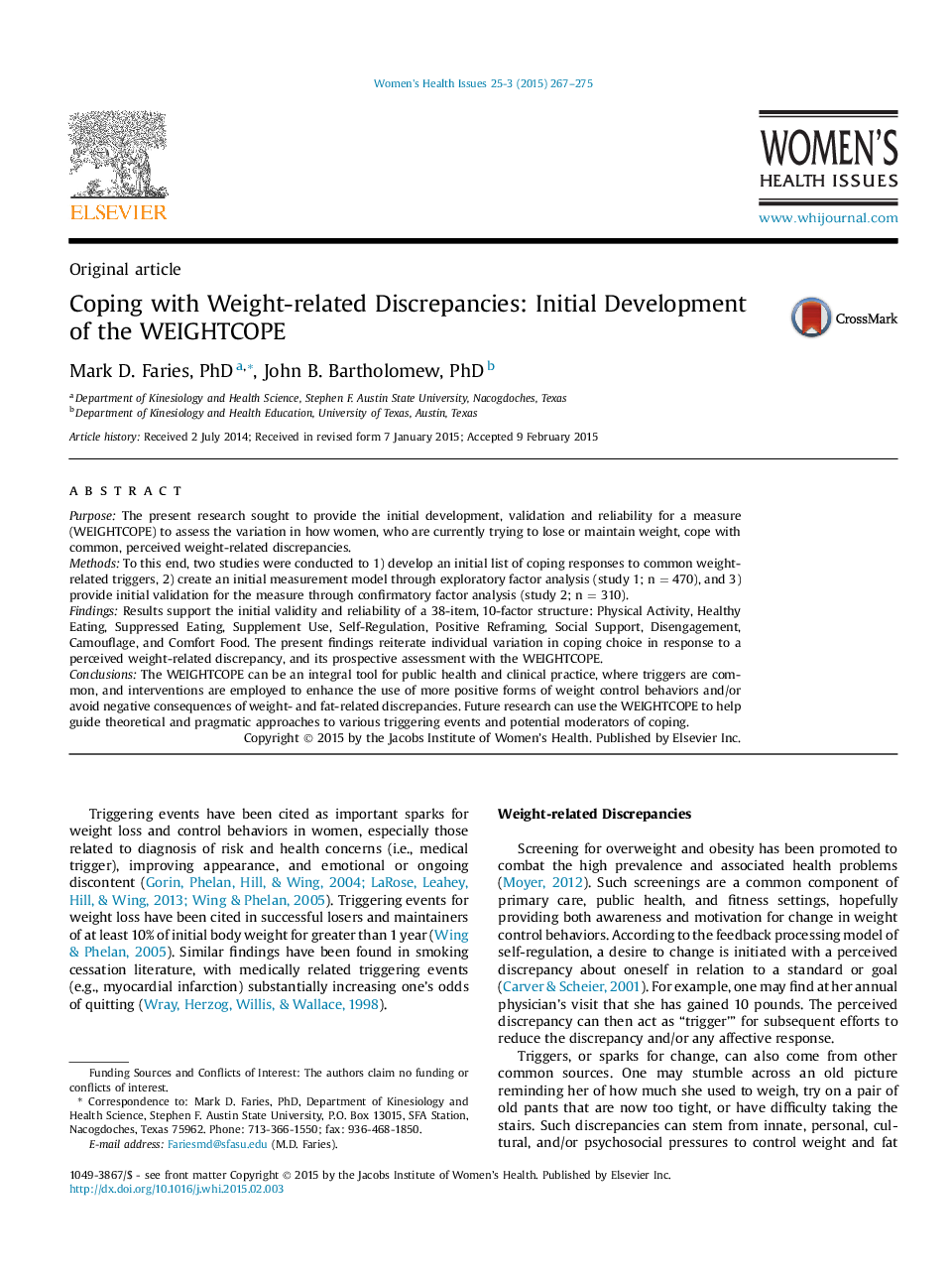 Coping with Weight-related Discrepancies: Initial Development of the WEIGHTCOPE 