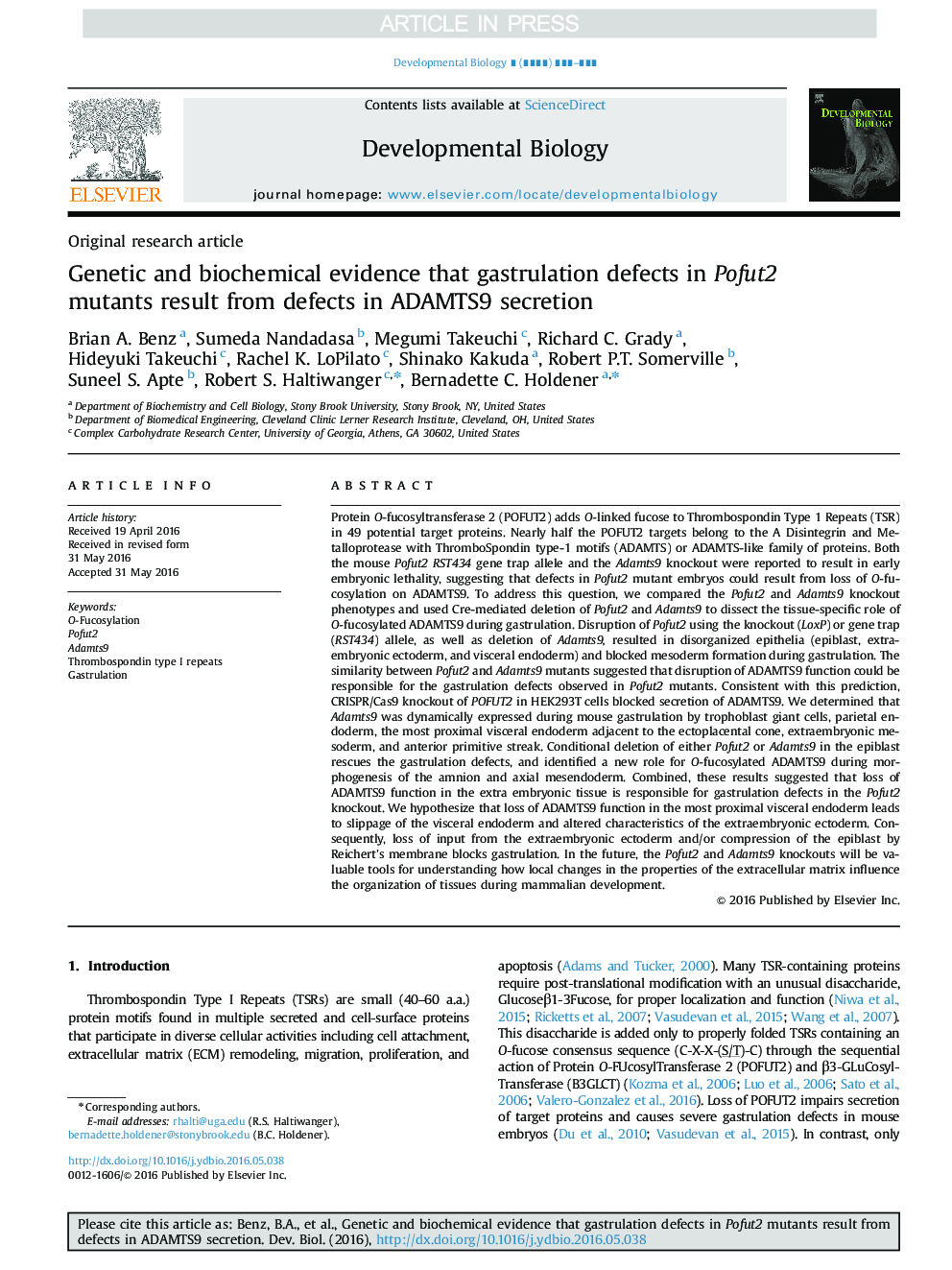 Genetic and biochemical evidence that gastrulation defects in Pofut2 mutants result from defects in ADAMTS9 secretion