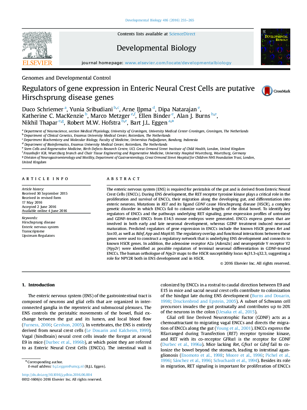 Regulators of gene expression in Enteric Neural Crest Cells are putative Hirschsprung disease genes