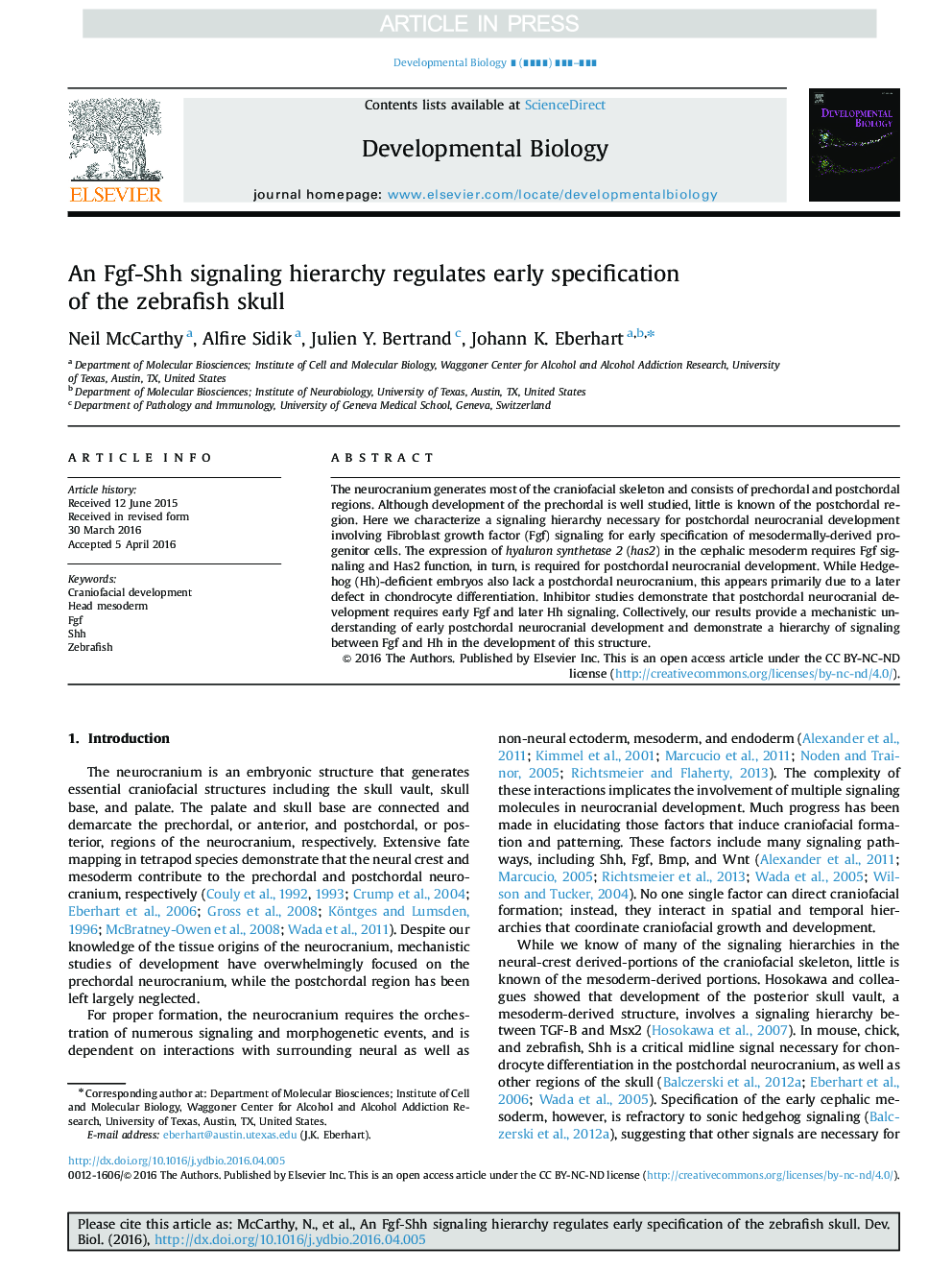 An Fgf-Shh signaling hierarchy regulates early specification of the zebrafish skull