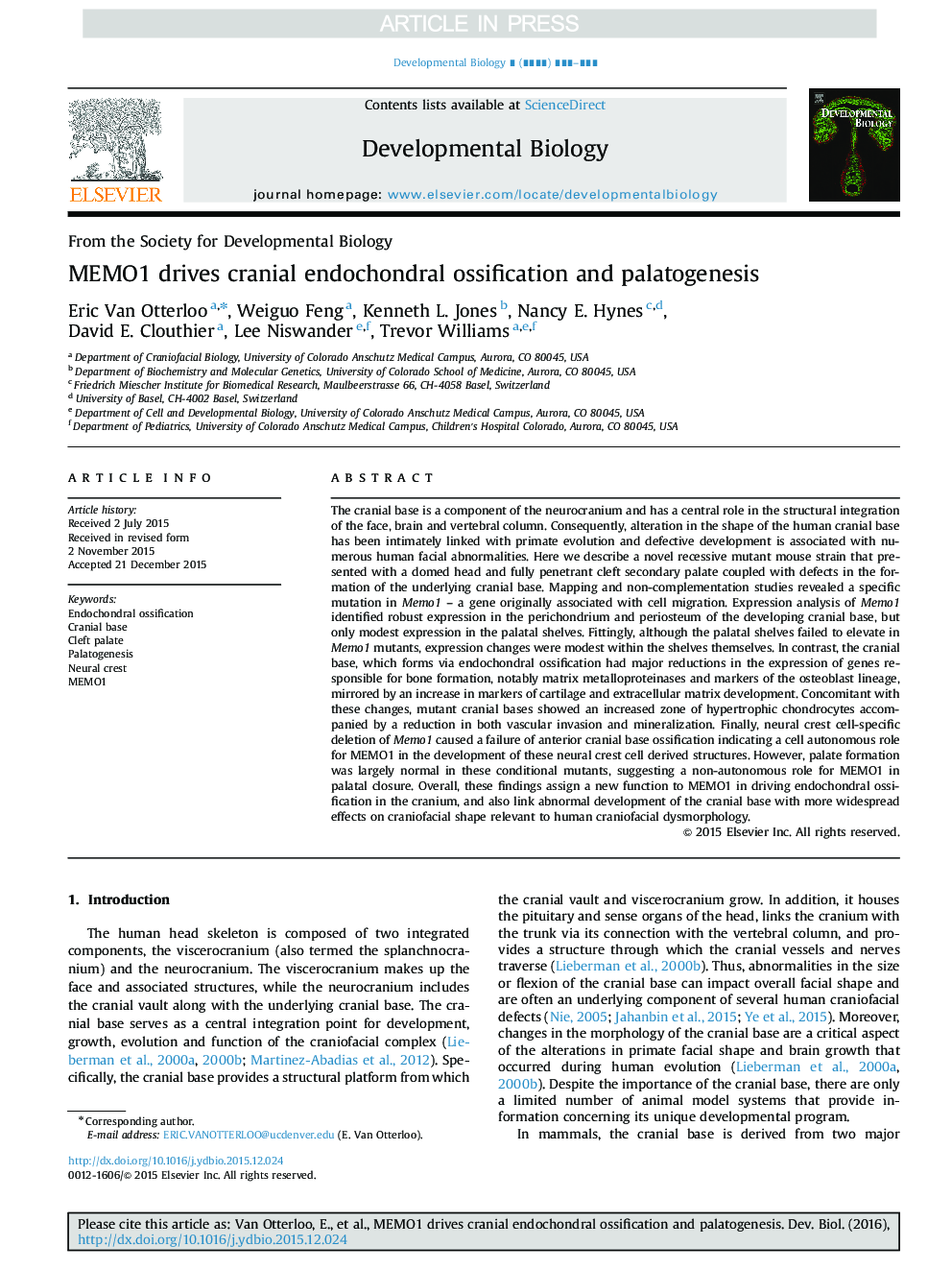 MEMO1 drives cranial endochondral ossification and palatogenesis