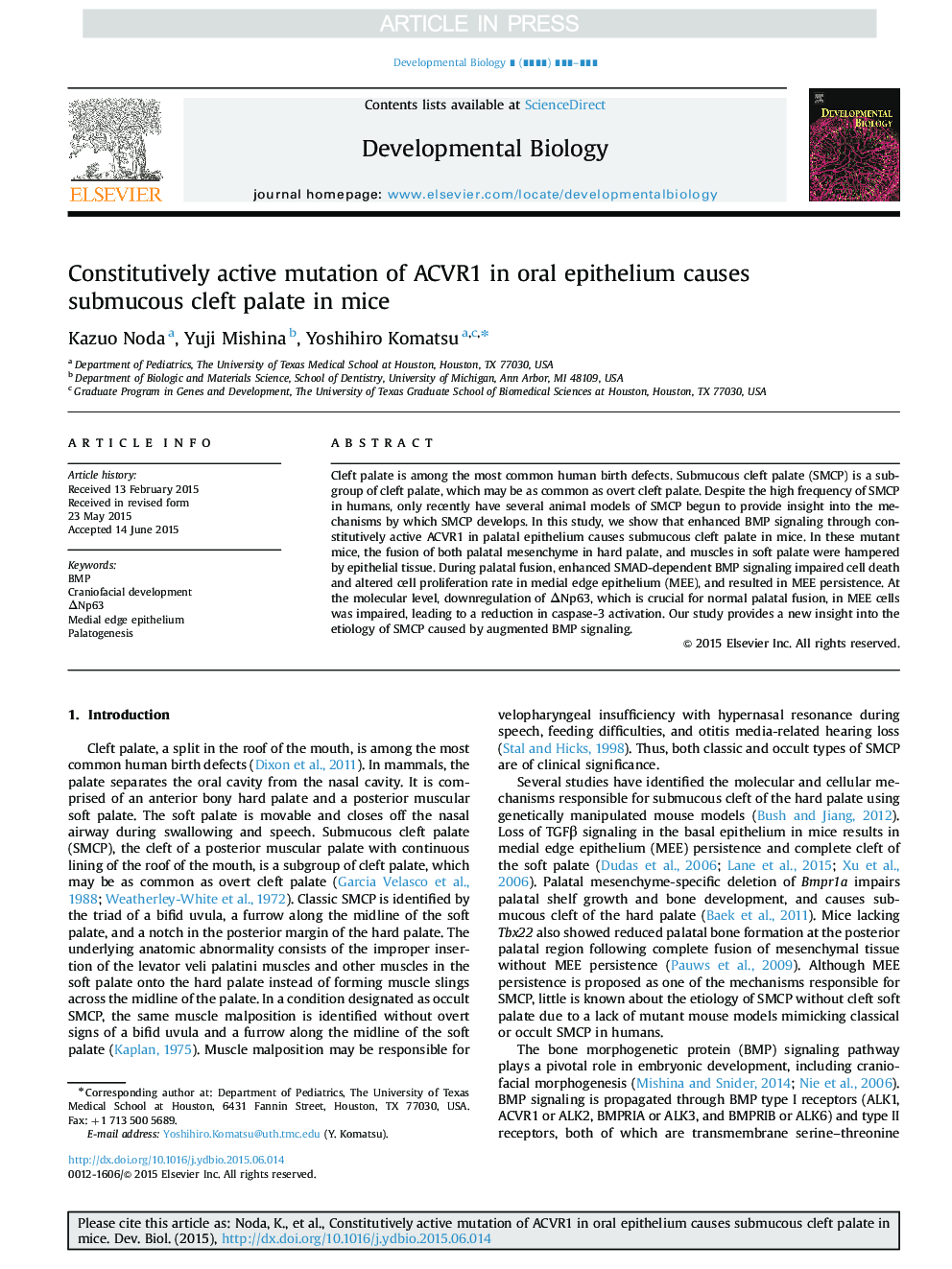 Constitutively active mutation of ACVR1 in oral epithelium causes submucous cleft palate in mice