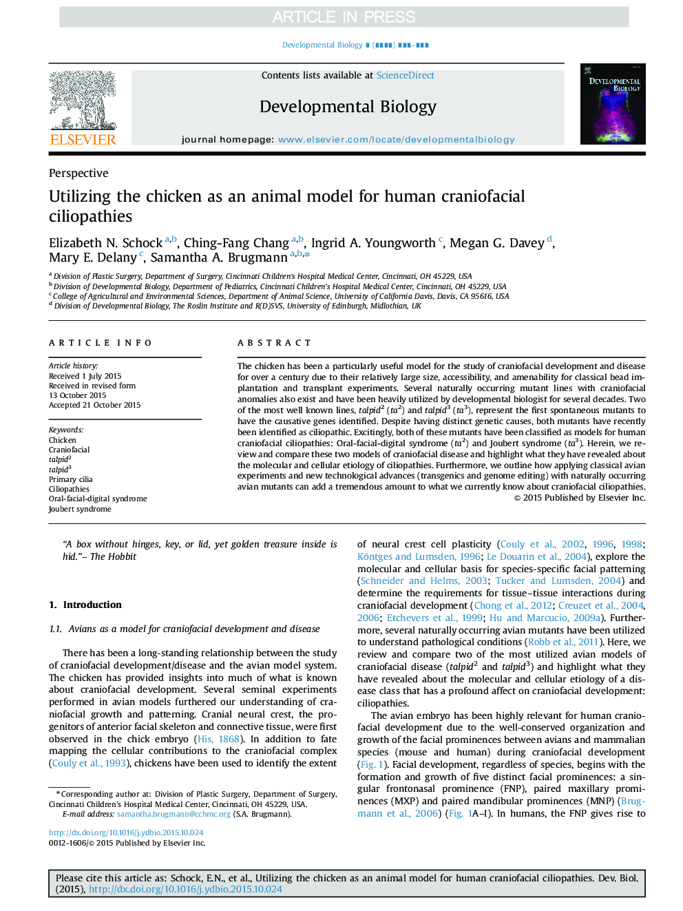 Utilizing the chicken as an animal model for human craniofacial ciliopathies