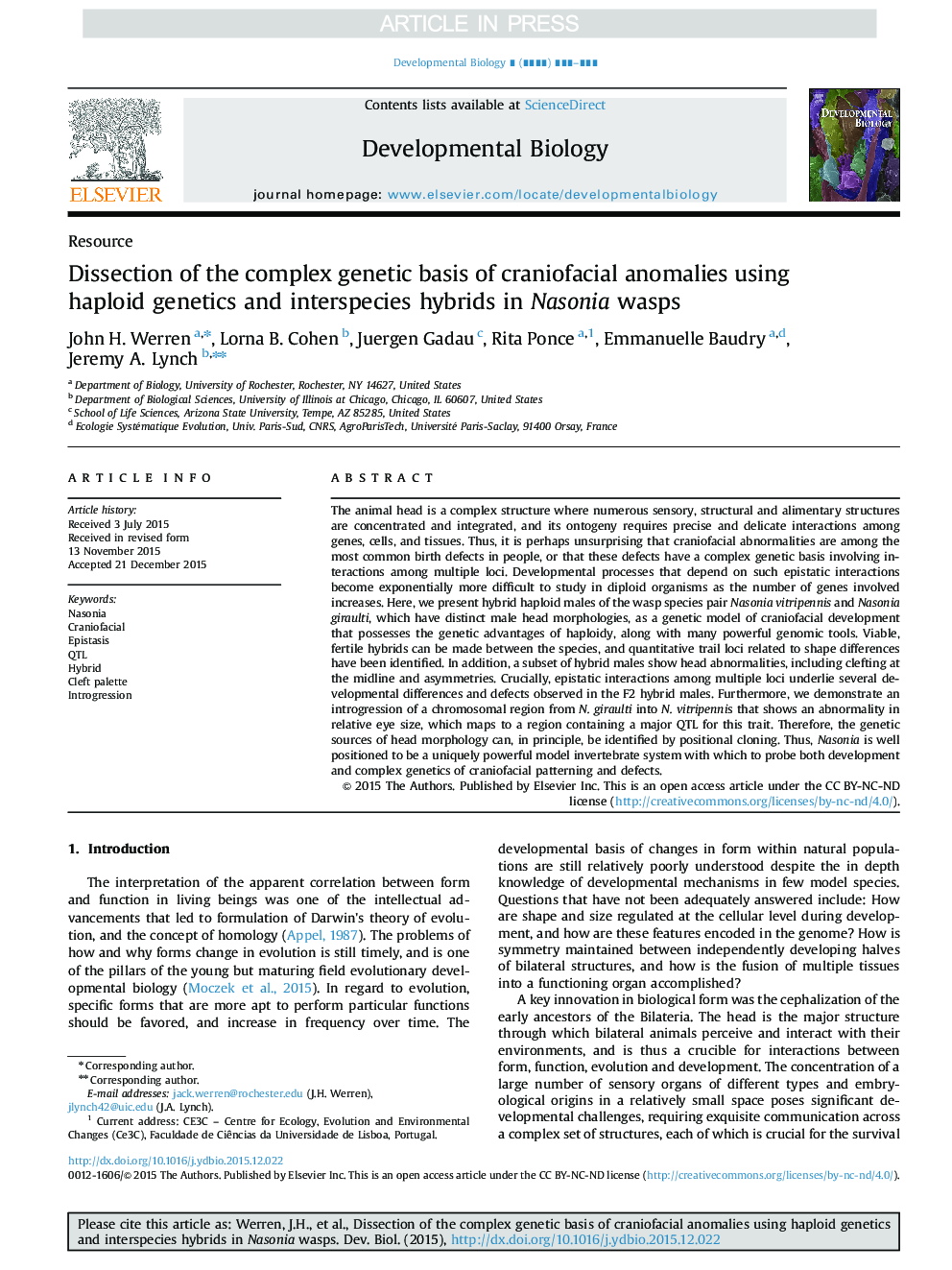 Dissection of the complex genetic basis of craniofacial anomalies using haploid genetics and interspecies hybrids in Nasonia wasps