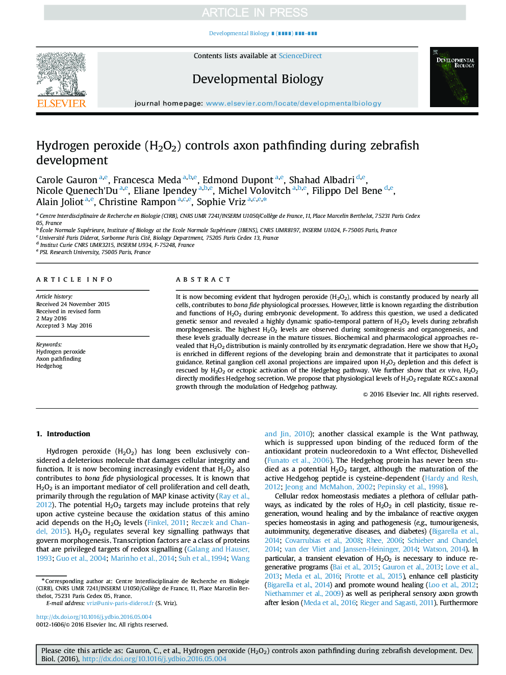 Hydrogen peroxide (H2O2) controls axon pathfinding during zebrafish development