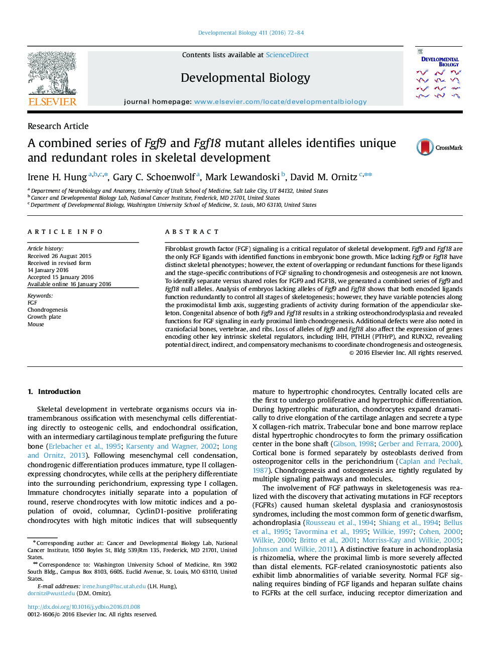 A combined series of Fgf9 and Fgf18 mutant alleles identifies unique and redundant roles in skeletal development